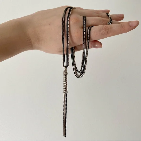 David Yurman Sterling Silver and Black Diamond Tassel Cable Chain Long Necklace - Picture 12 of 15